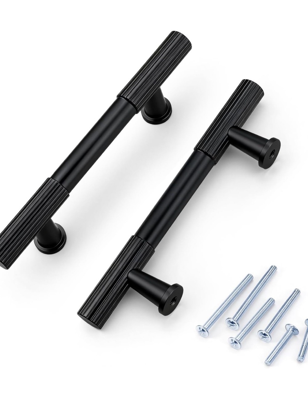 Ribbed Matte Black Cabinet Pull Handles - Set of 12